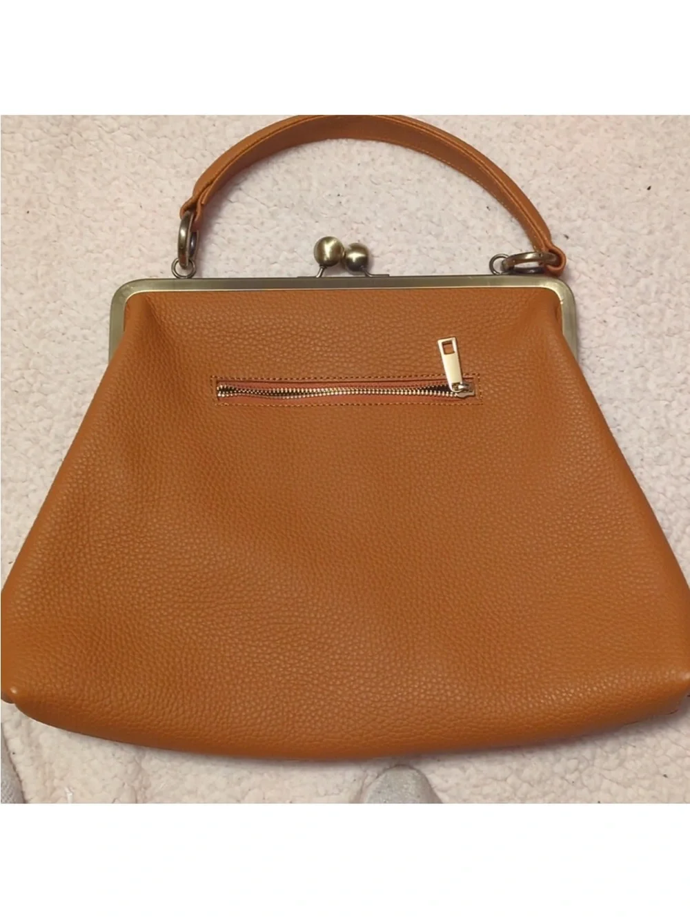 Gorgeous Cognac Genuine Leather Top-Handle kiss lock Satchel with Gold Frame